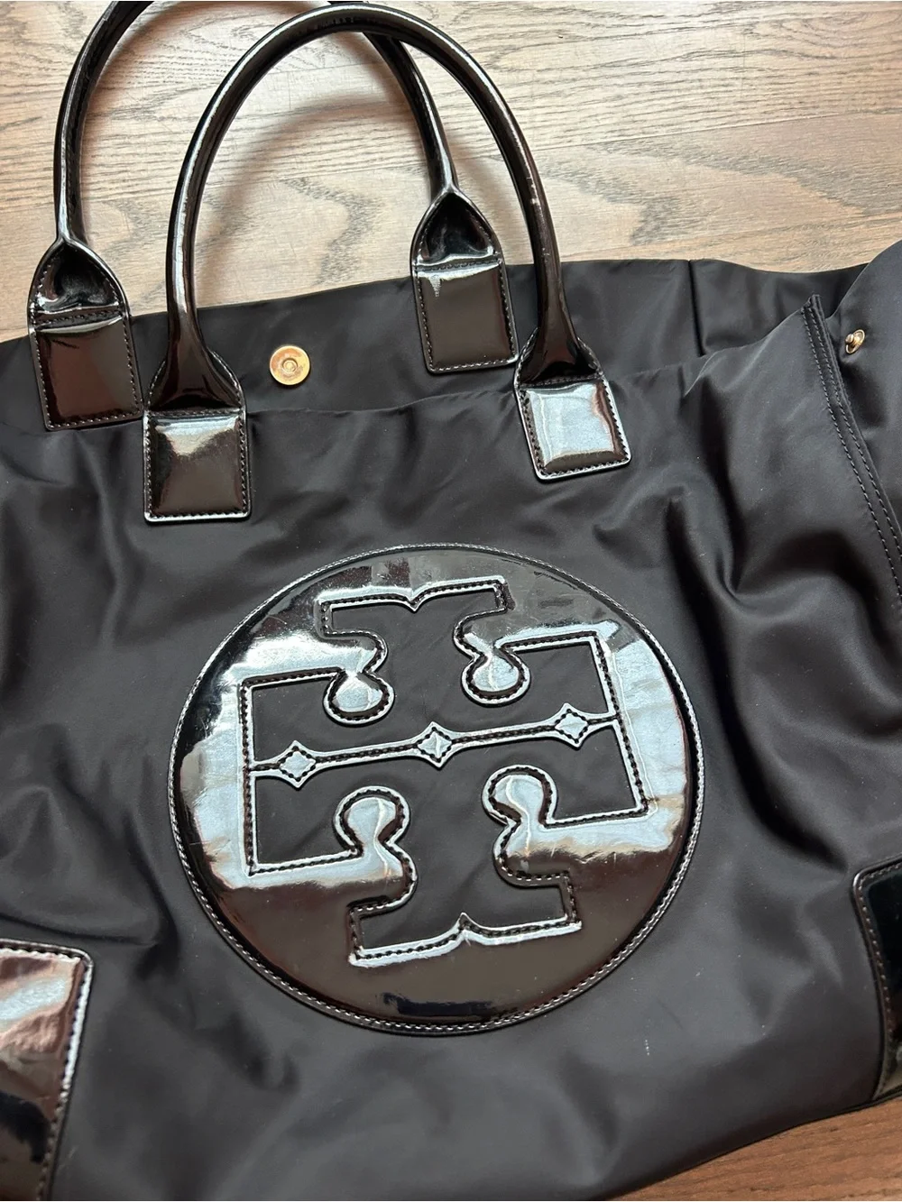 Tory Burch Black Nylon Tote with Glossy Patent Logo